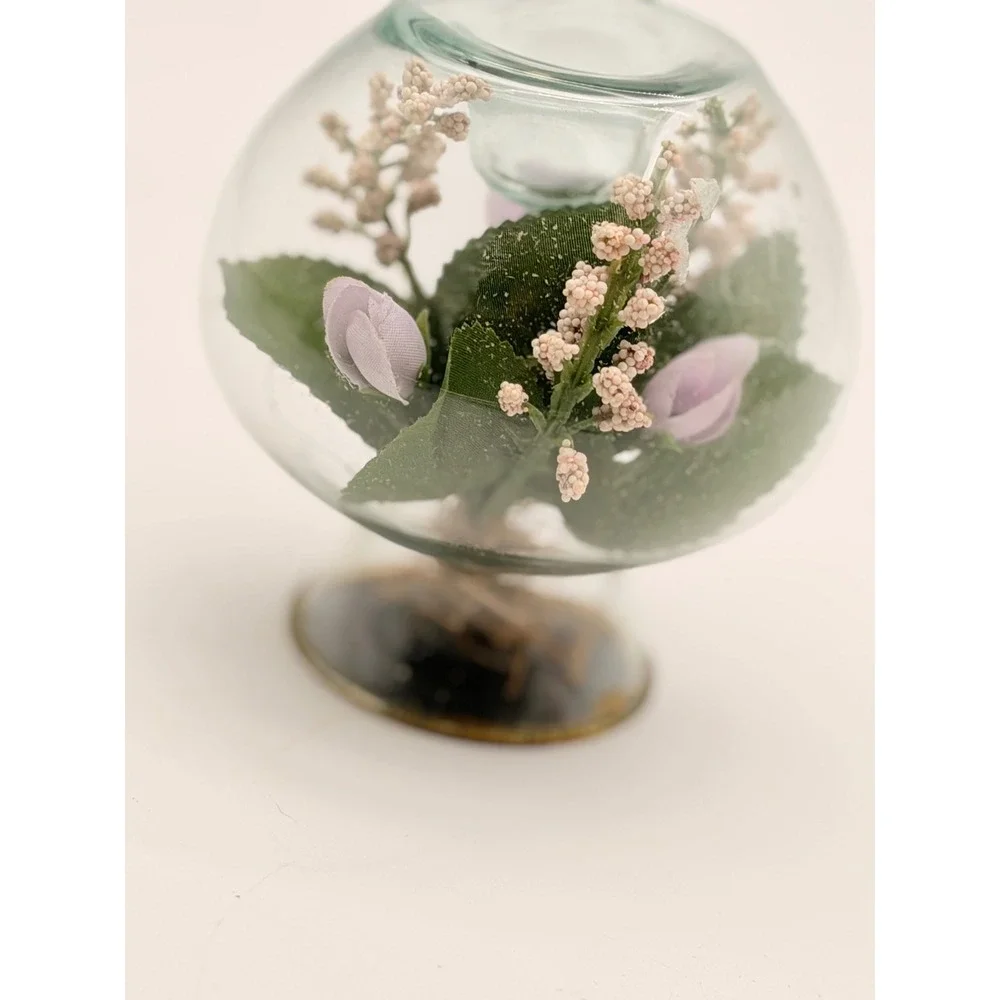 Vintage Glass Terrarium Votive Candle Holder Purple Faux Flowers Pedestal Globe